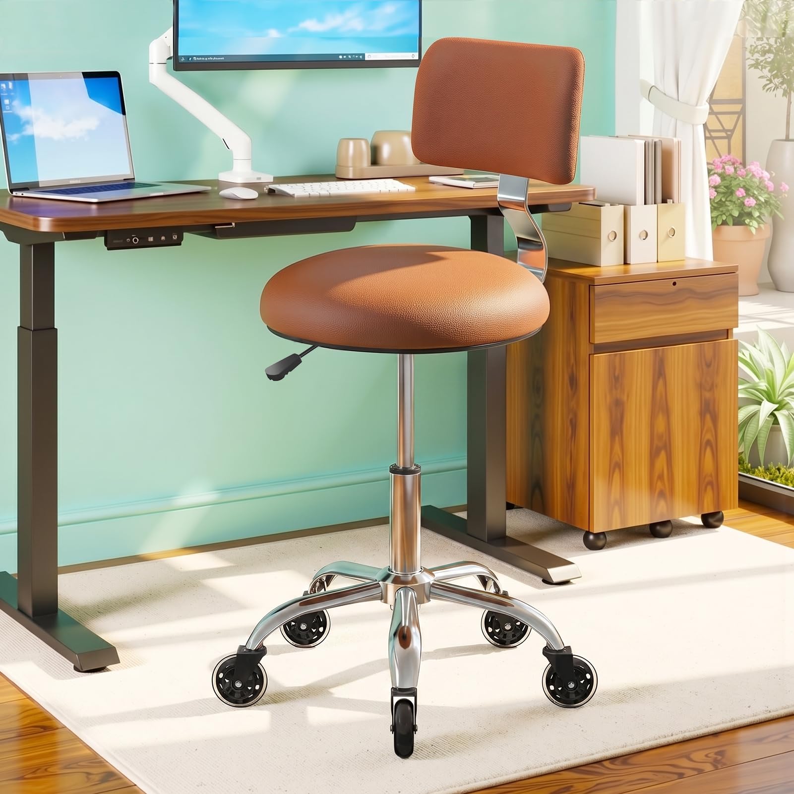 FREEKYROCK Leather Rolling Stool with Wheels