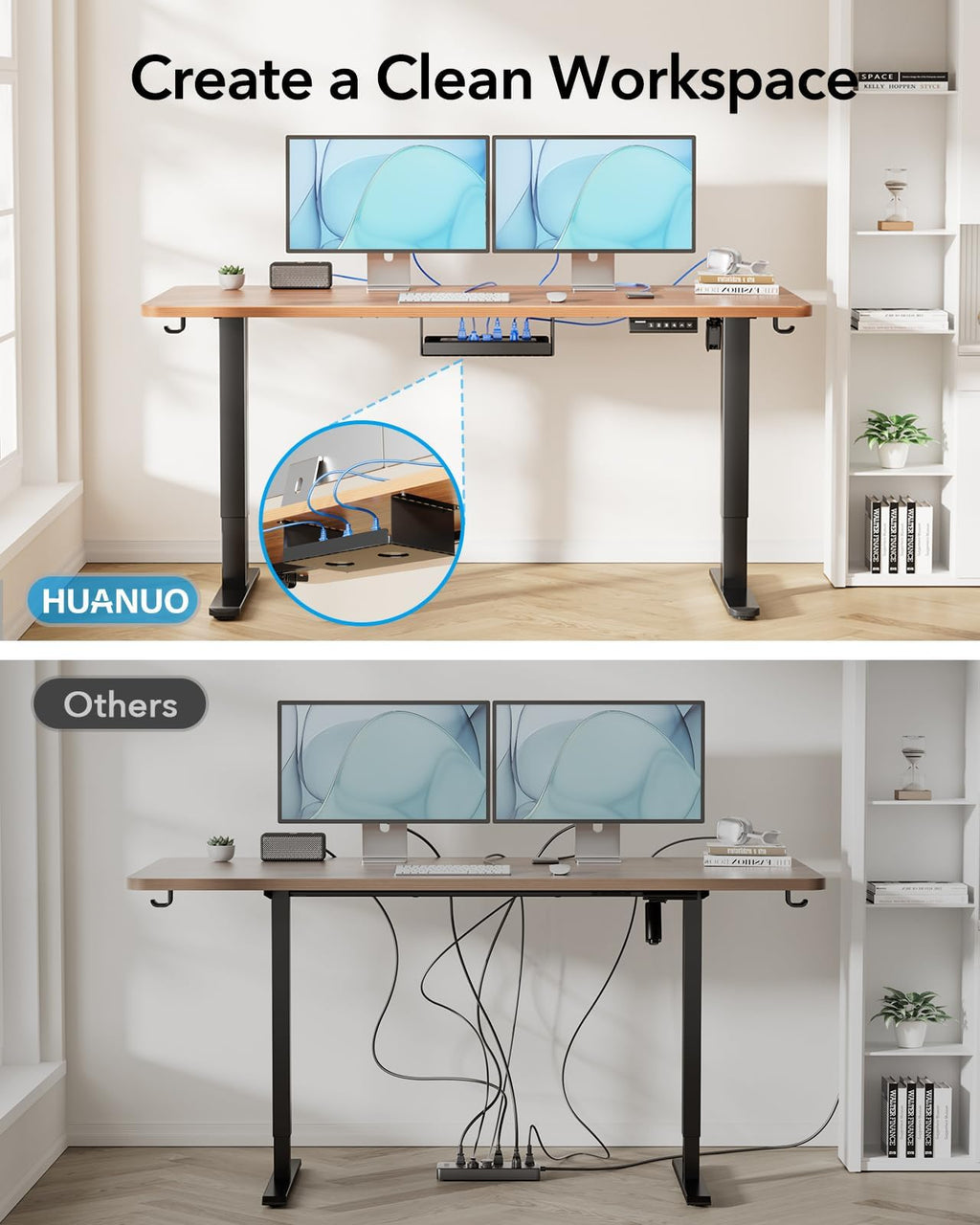 HUANUO Standing Desk Frame with 220lbs Powerful Brushless Motor, Thick T-Shaped Adjustable Desk Legs Made of Automotive-Grade Steel, for Max 75″ x 35″ Desktop, for Home Office, Frame Only