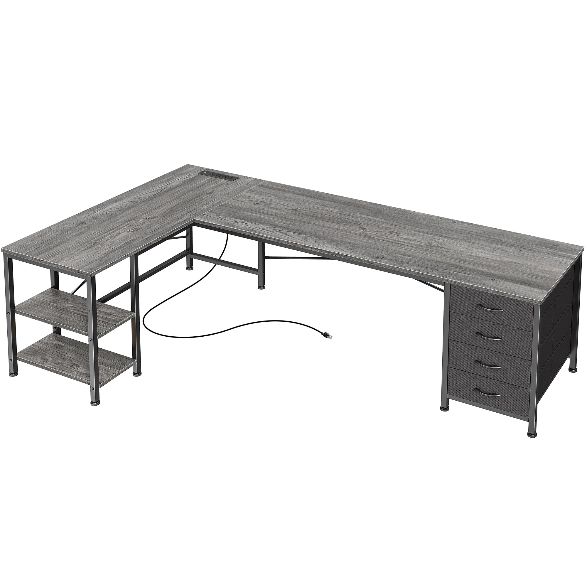 Huuger L Shaped Desk with Drawers, Reversible Computer Desk with Power Outlets and USB-C Port, Adjustable Side Storage Shelves