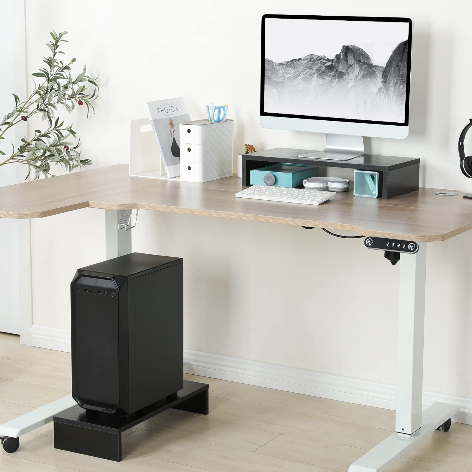 TEAMIX 20 inch Monitor Stand Riser, Wood Desktop Stand for PC/TV/Laptop/Printer, White Monitor Riser with Storage, Computer Stand with Keyboard Organizer