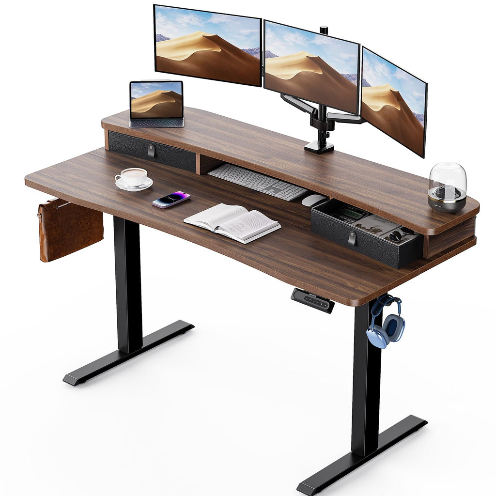 HUANUO Electric Standing Desk with 2 Drawers, C-Clamp Mount Compatible, Height Adjustable Computer Desk, Home Office Stand Up Desk with 4 Preset Heights & 2 Hooks