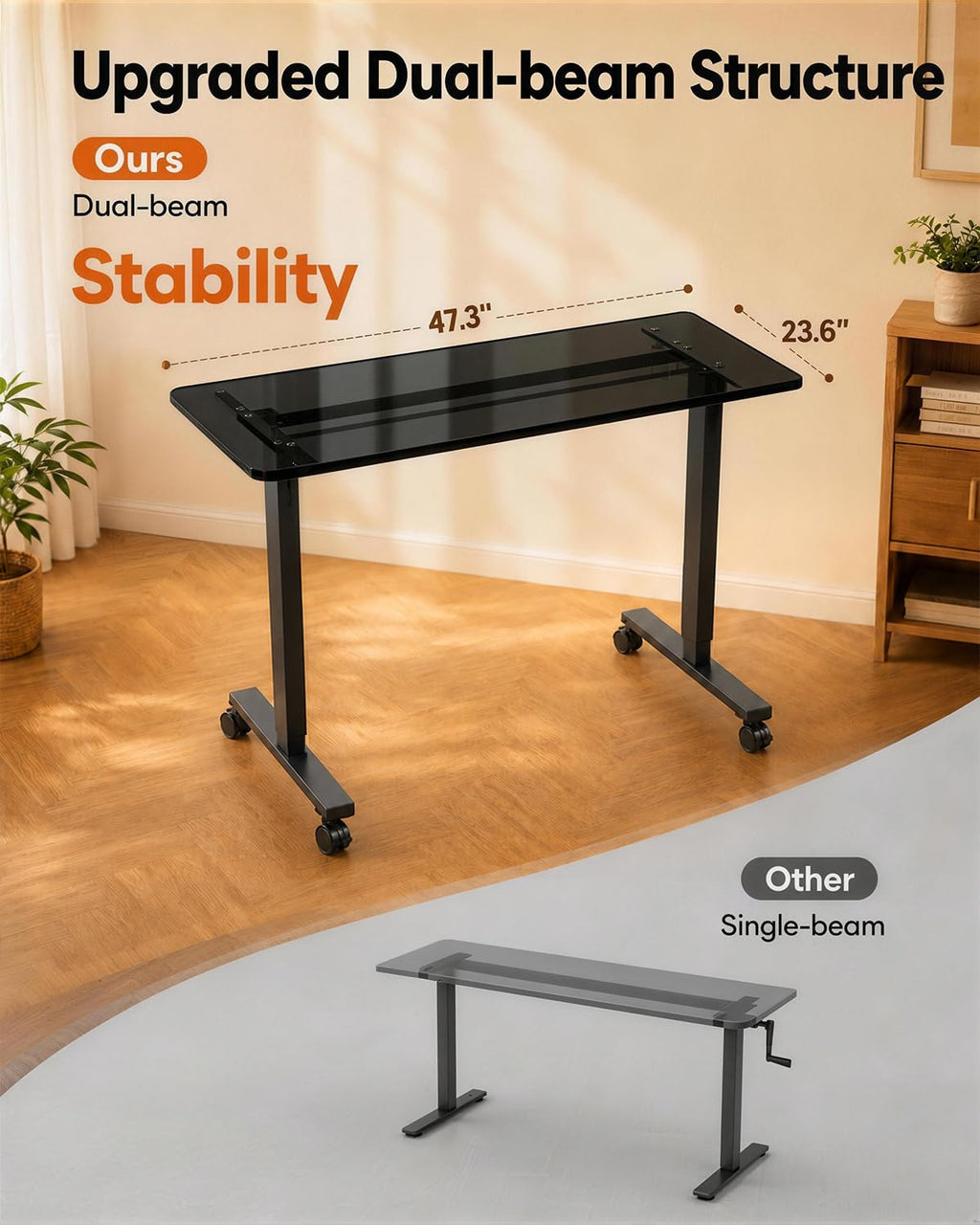 Whole Piece Manual Standing Desk Adjustable Height with Lockable Casters- Hand Crank Stand up Desk with Wheels, Mobile Sit to Stand Workstation with Handle