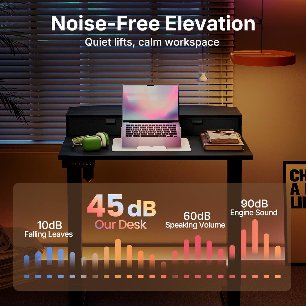 HUANUO Electric Standing Desk with 2 Drawers, C-Clamp Mount Compatible, Height Adjustable Computer Desk, Home Office Stand Up Desk with 4 Preset Heights & 2 Hooks