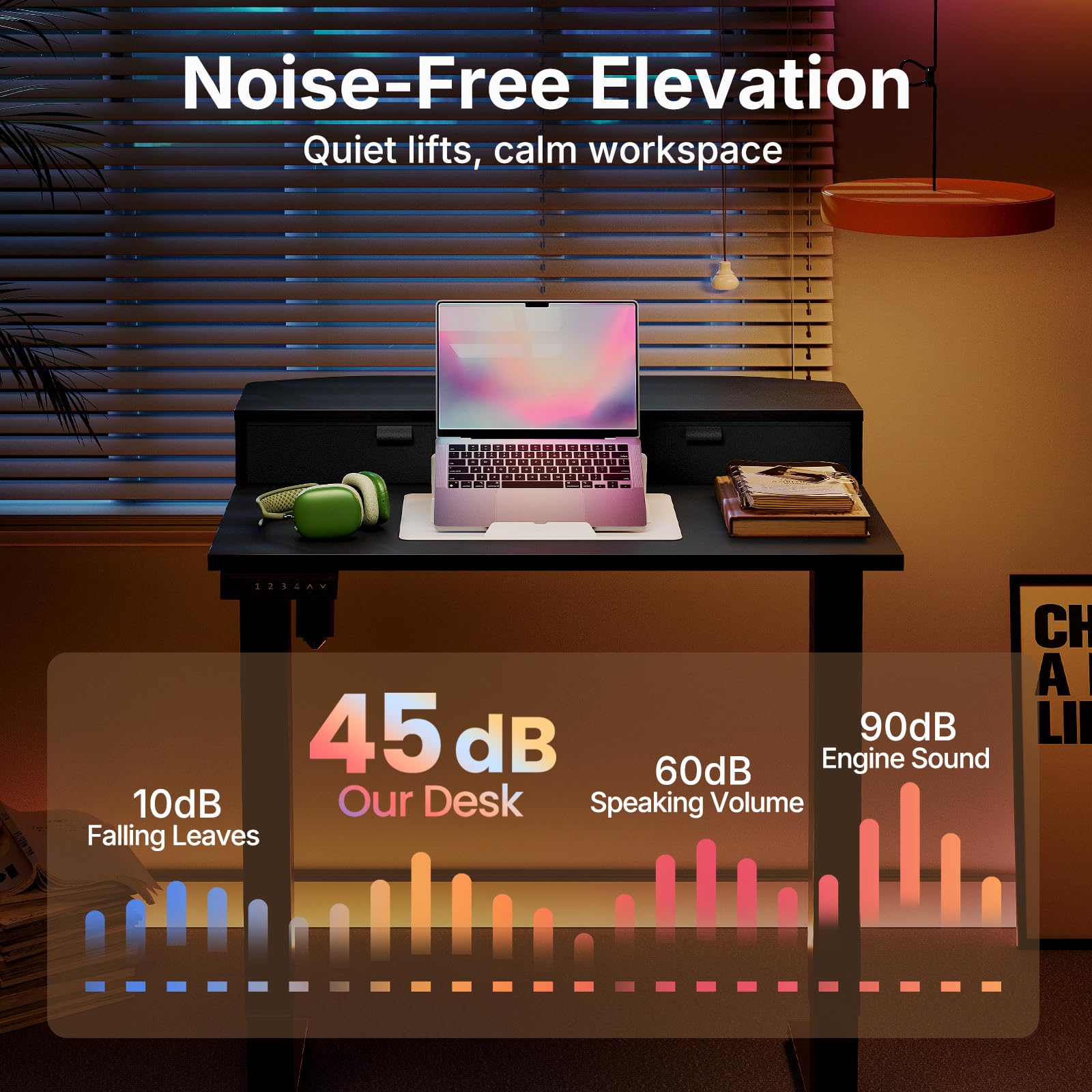 HUANUO Electric Standing Desk with 2 Drawers, C-Clamp Mount Compatible, Height Adjustable Computer Desk, Home Office Stand Up Desk with 4 Preset Heights & 2 Hooks