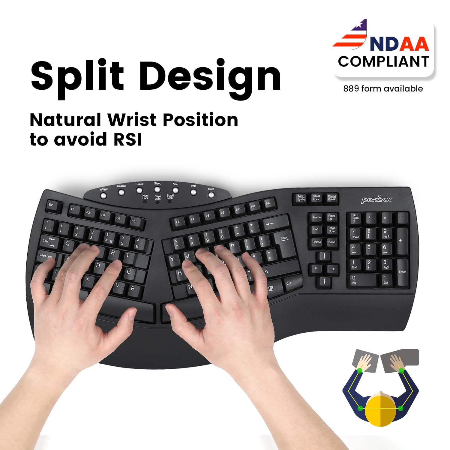 Perixx PERIBOARD Wired Ergonomic Keyboard - Split Keyboard, Wrist Rest, Natural Typing - Wired USB Connectivity - US English