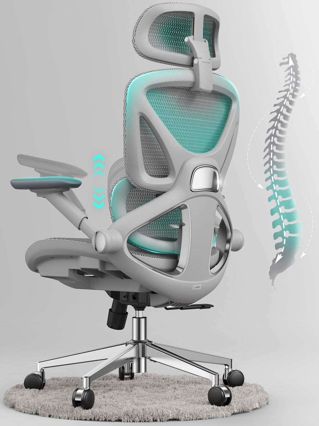 CAPOT Ergonomic Mesh Office Chair, Adjustable Lumbar High Back Desk Chair 400lbs, 4D Flip-up Arms, 3 Tilt Backrest, 3D Headrest, PU Wheels, Swivel Rolling Computer Seating for Long Desk Work