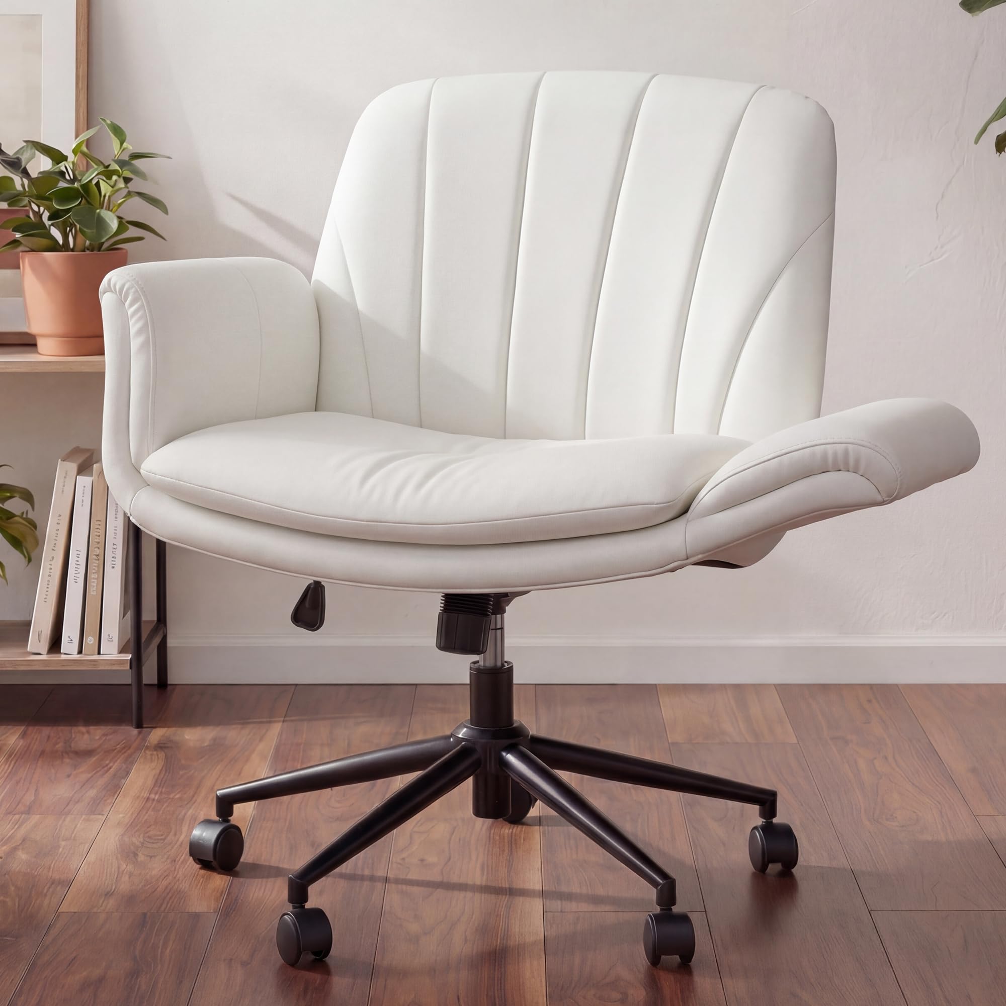 Dowinx Criss Cross Chair with Five-Level Adjustable Arms and Wheels - Comfortable Ergonomic PU Leather Swivel Vanity Chair