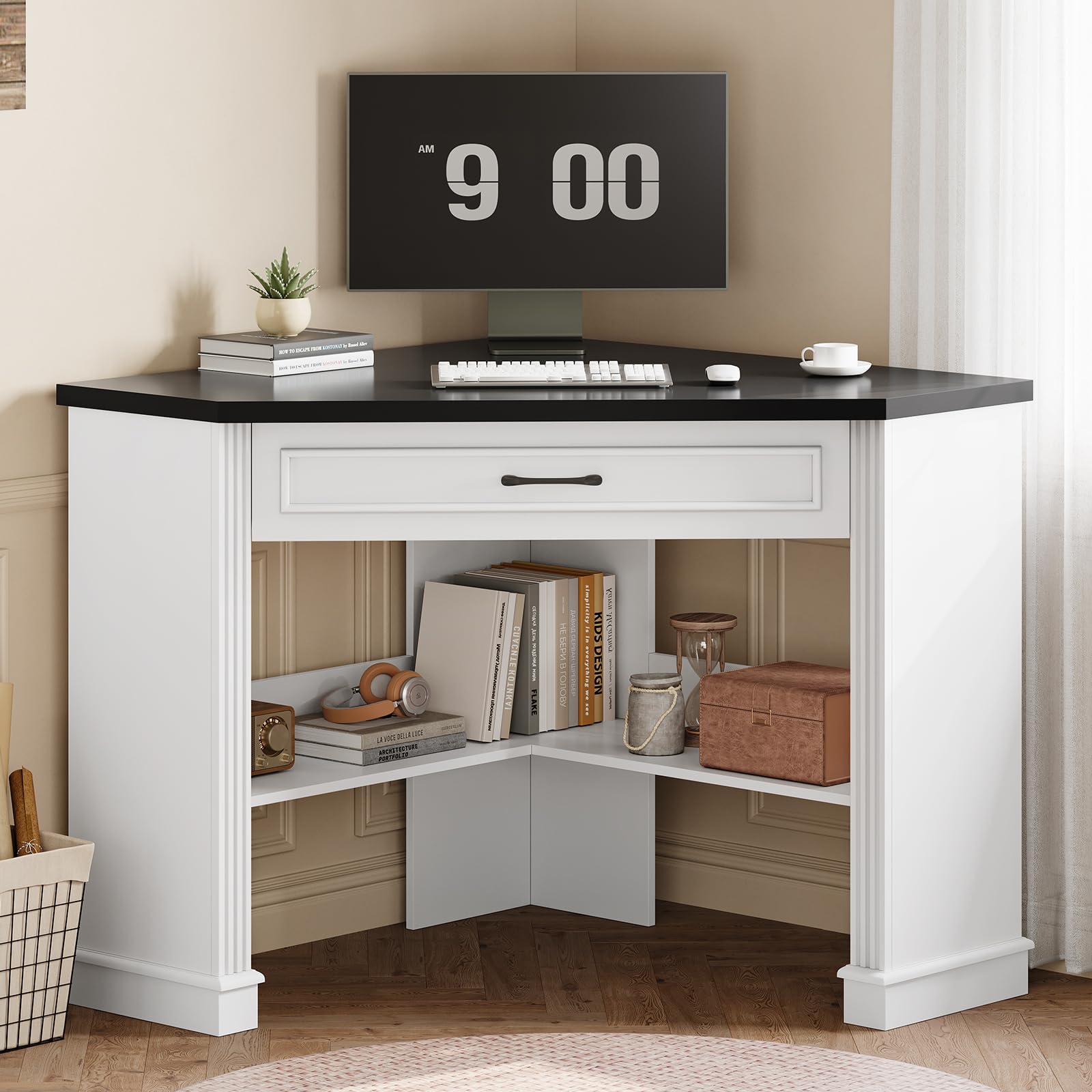 SEDETA Corner Desk for Small Space, Corner Computer Desk, Small Computer Desk with Drawers and Storage Shelves for Home Office, Living Room, Bedroom