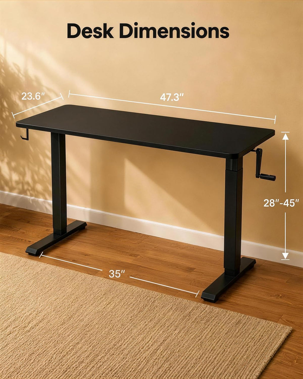Whole Piece Manual Standing Desk Adjustable Height with Lockable Casters- Hand Crank Stand up Desk with Wheels, Mobile Sit to Stand Workstation with Handle