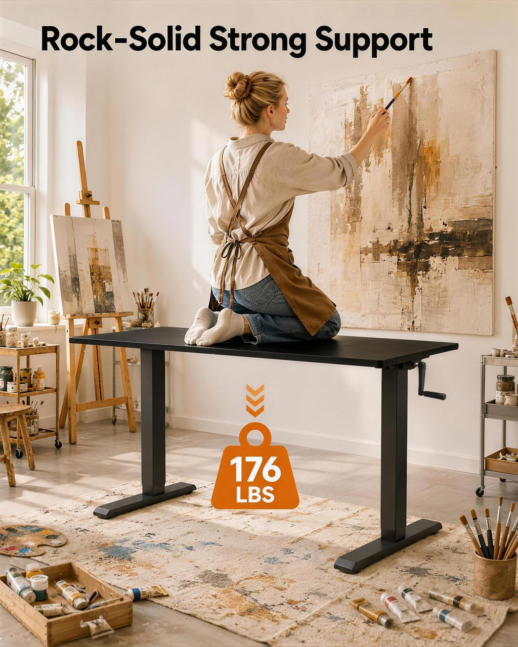 Whole Piece Manual Standing Desk Adjustable Height with Lockable Casters- Hand Crank Stand up Desk with Wheels, Mobile Sit to Stand Workstation with Handle