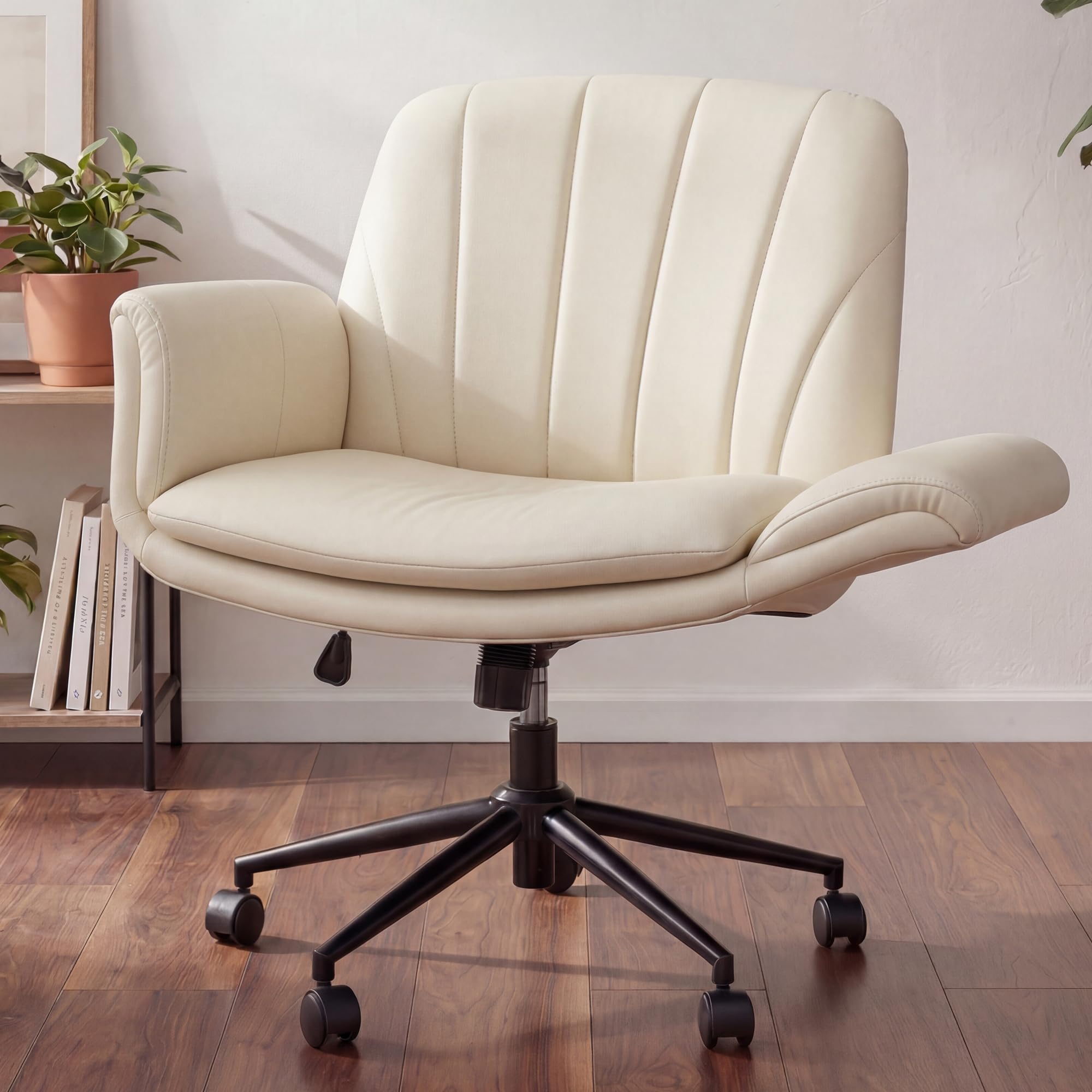 Dowinx Criss Cross Chair with Five-Level Adjustable Arms and Wheels - Comfortable Ergonomic PU Leather Swivel Vanity Chair