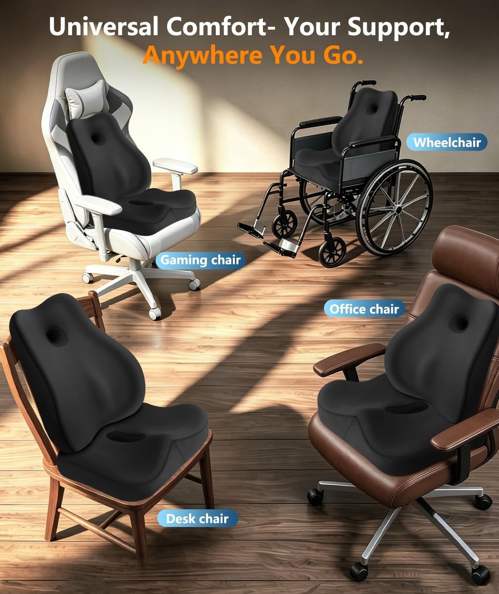 JIPORIER Memory Foam Seat Cushion ＆ Lumbar Pillow