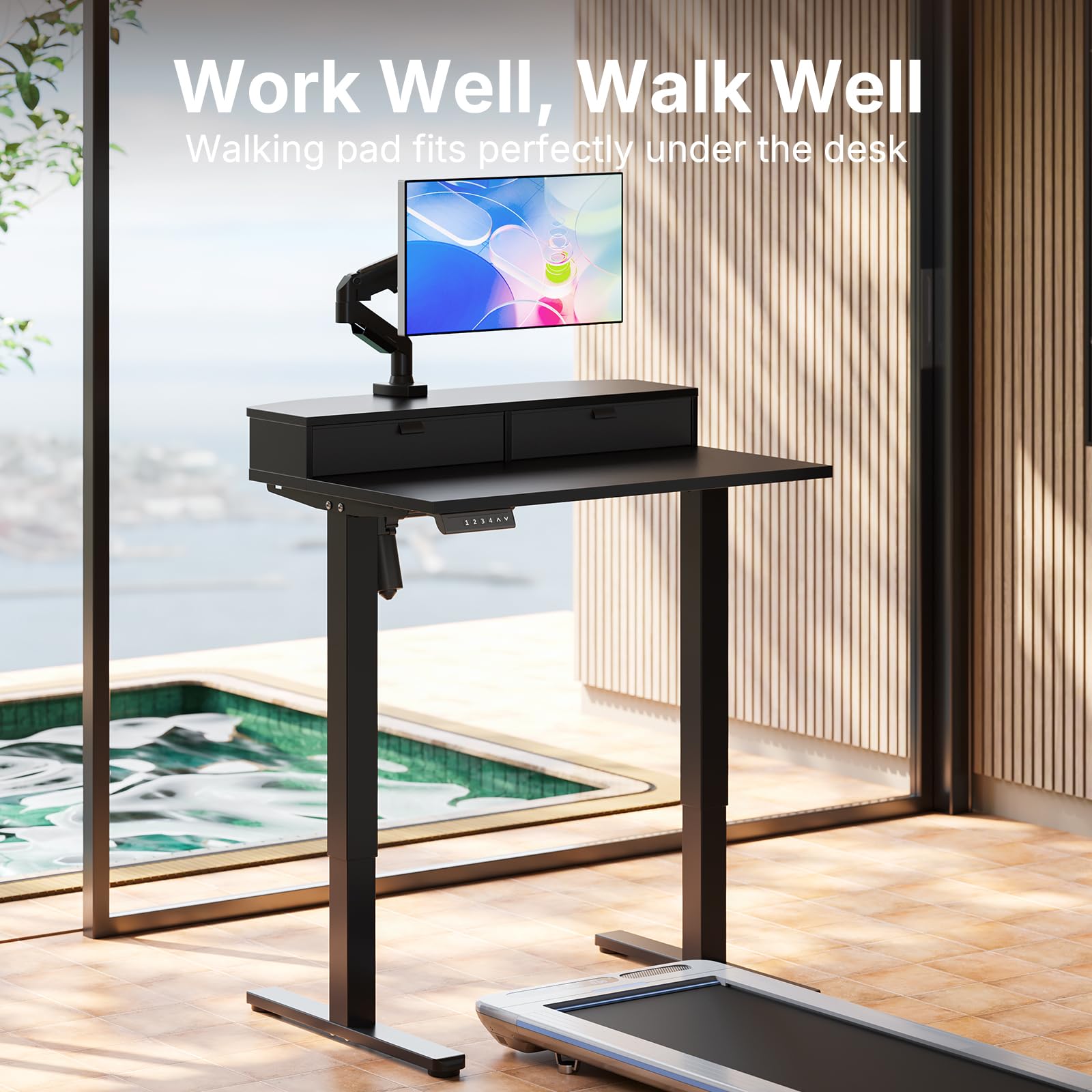 HUANUO Electric Standing Desk with 2 Drawers, C-Clamp Mount Compatible, Height Adjustable Computer Desk, Home Office Stand Up Desk with 4 Preset Heights & 2 Hooks
