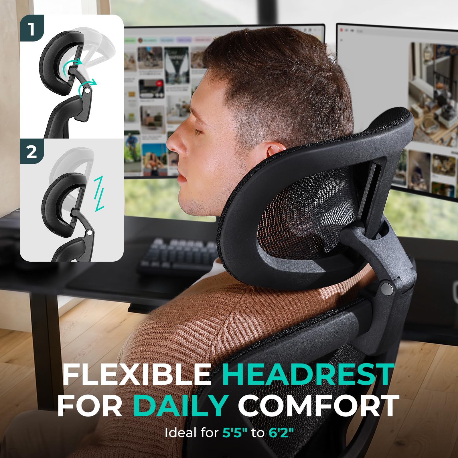 CAPOT Ergonomic Mesh Office Chair, Adjustable Lumbar High Back Desk Chair 400lbs, 4D Flip-up Arms, 3 Tilt Backrest, 3D Headrest, PU Wheels, Swivel Rolling Computer Seating for Long Desk Work
