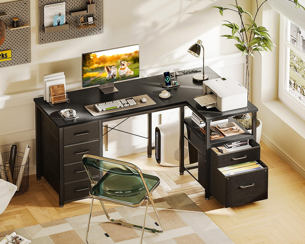 Coleshome L Shaped Computer Desk with 6 Drawers & Power Outlet, Corner Desk with Reversible Storage Shelf & File Drawer, Home Office Desk