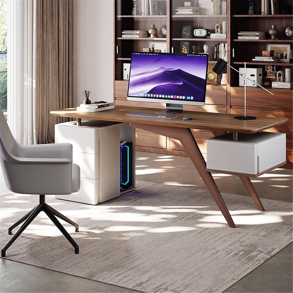 Computer Desk Modern Minimalist Laptop PC Desk with Drawers, Sturdy Home Office Workstation with Storage Cabinet, Walnut Brown Office Desk