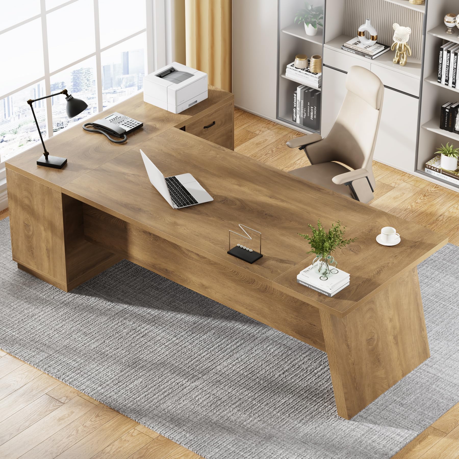 Tribesigns 78" L-Shaped Executive Desk, Large Modern Office Desk with Drawers and Lateral File Cabinet, Business Furniture with Storage Shelves, Big Computer Table for Home Office