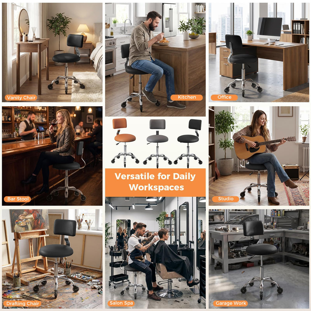 FREEKYROCK Leather Rolling Stool with Wheels