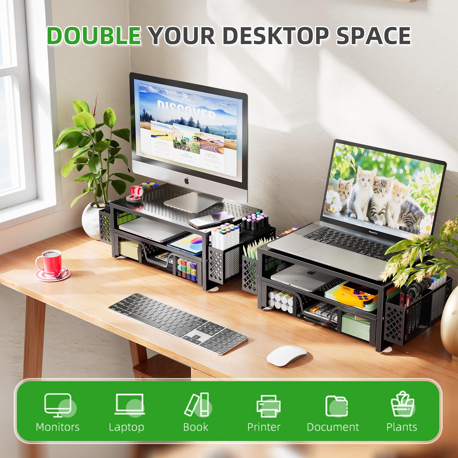 Simple Trending Metal Monitor Stand Riser and Computer Desk Organizer with Drawer for Laptop, Computer, iMac
