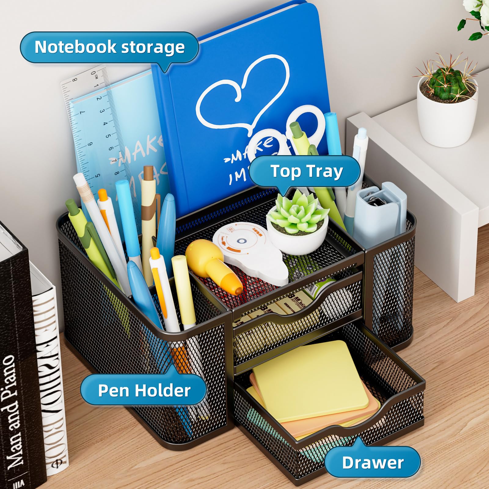 Marbrasse Mesh Pen Holder with 2 Storage Drawers