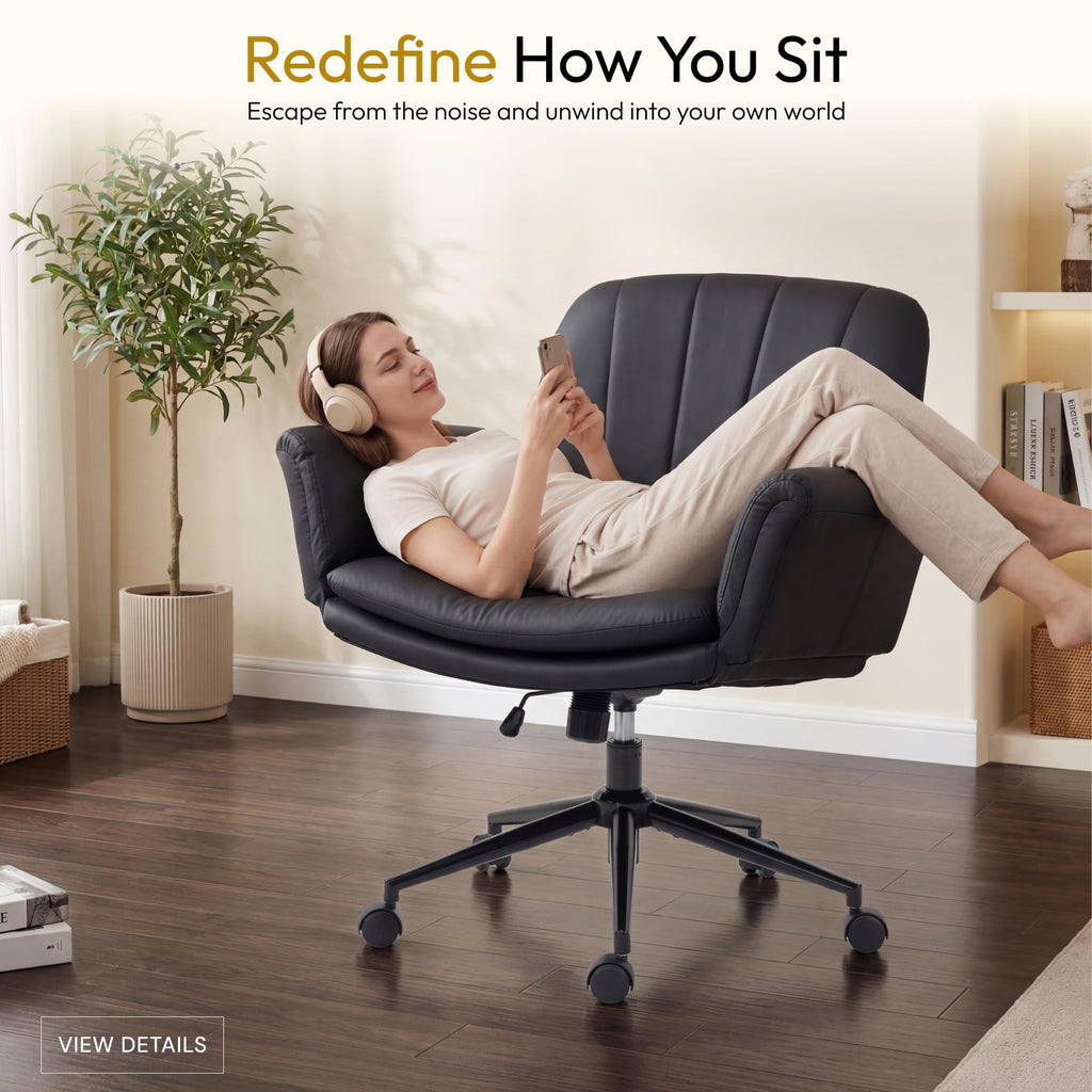 Dowinx Criss Cross Chair with Five-Level Adjustable Arms and Wheels - Comfortable Ergonomic PU Leather Swivel Vanity Chair