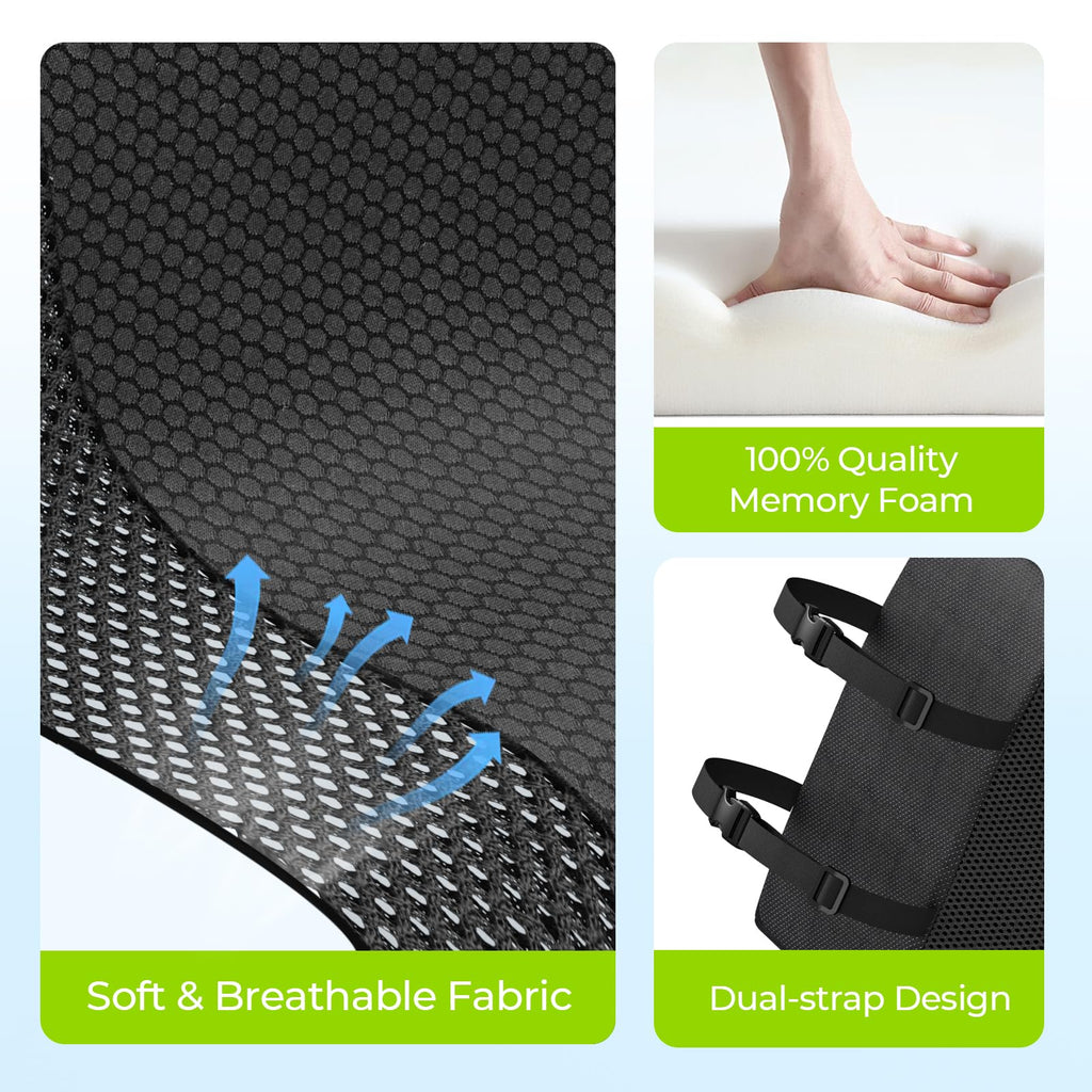 AUVON Lumbar Support Pillow for Office Chair with Patented Bulge for Lower Back Support, Ergonomic Office Home Essentials Improve Posture, Memory Foam Chair Cushion with Straps for Home, Office, Car