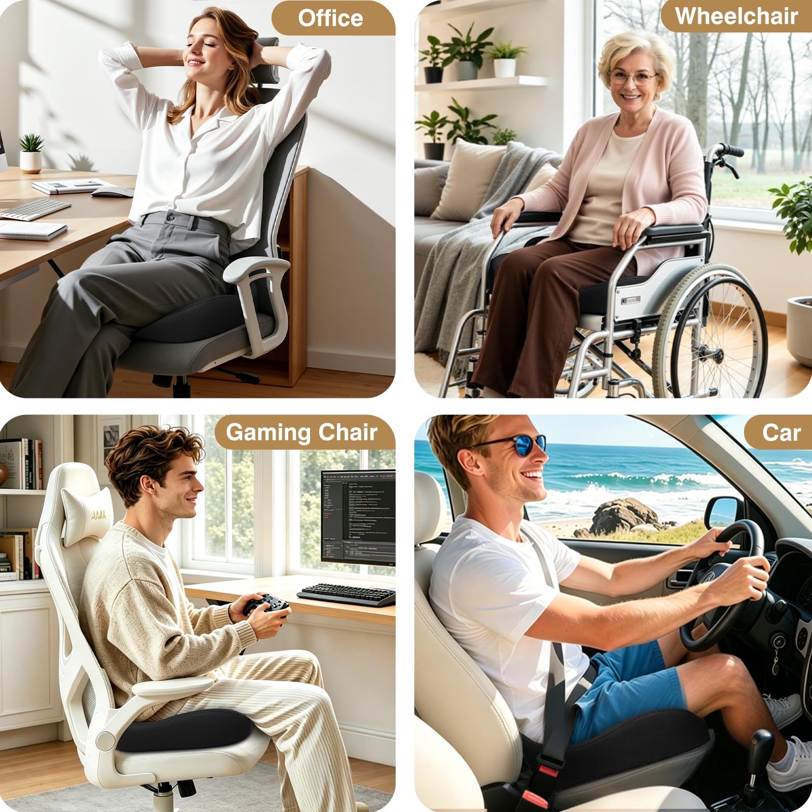TushGuard Ergonomic Seat Cushion with Coccyx Cutout - 4-Zone Structure Office Chair Cushions for Tailbone Pressure Relief, Non-Slip Chair Pad with Washable Cover for Car, Office, Wheelchair