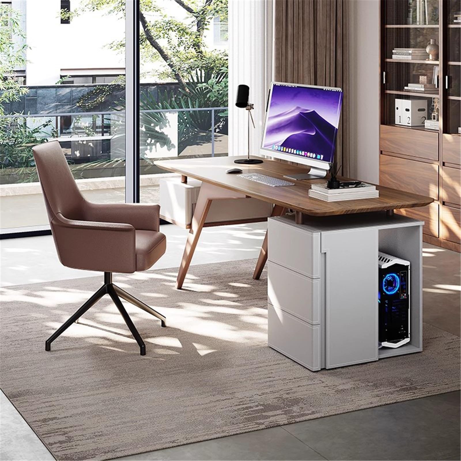 Computer Desk Modern Minimalist Laptop PC Desk with Drawers, Sturdy Home Office Workstation with Storage Cabinet, Walnut Brown Office Desk