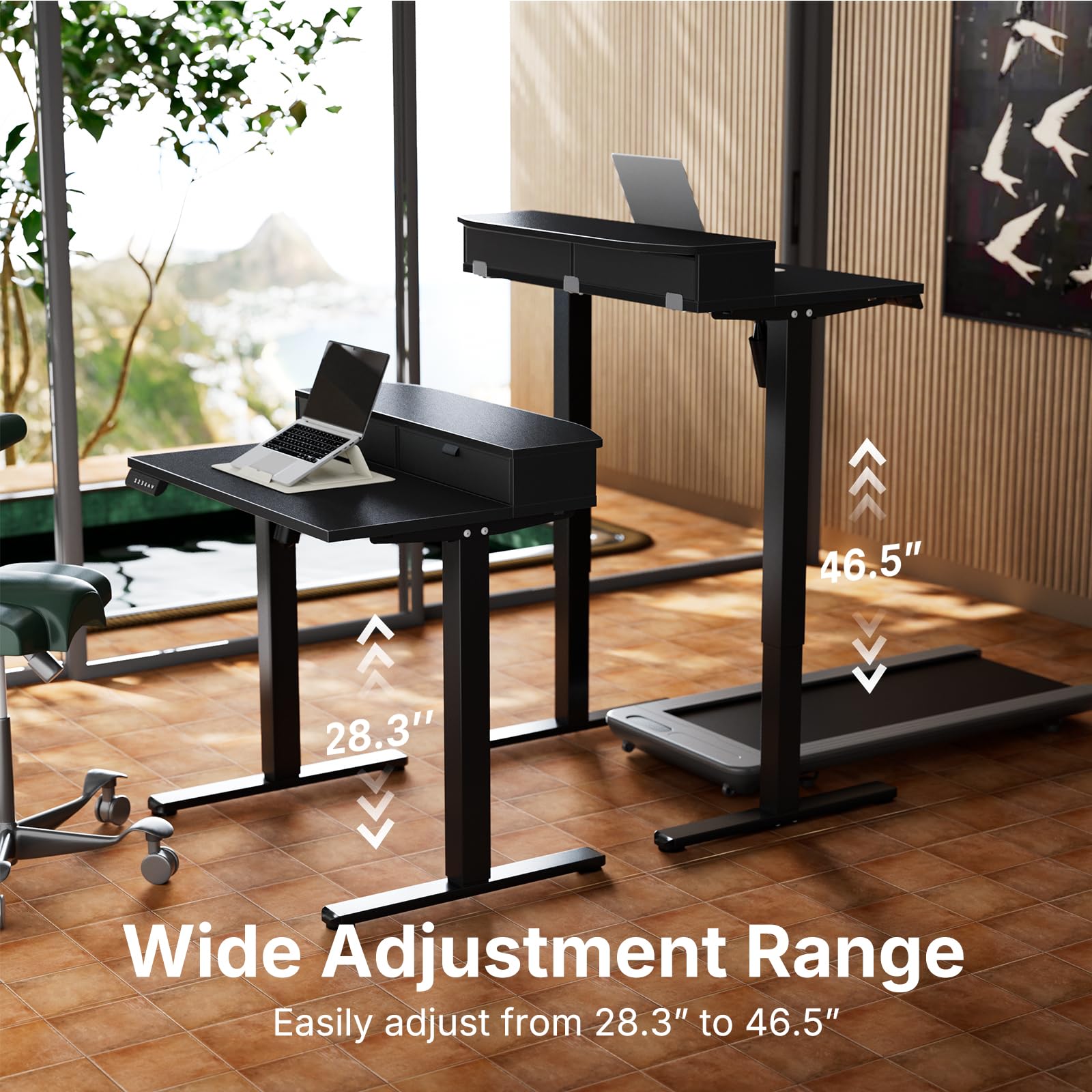 HUANUO Electric Standing Desk with 2 Drawers, C-Clamp Mount Compatible, Height Adjustable Computer Desk, Home Office Stand Up Desk with 4 Preset Heights & 2 Hooks