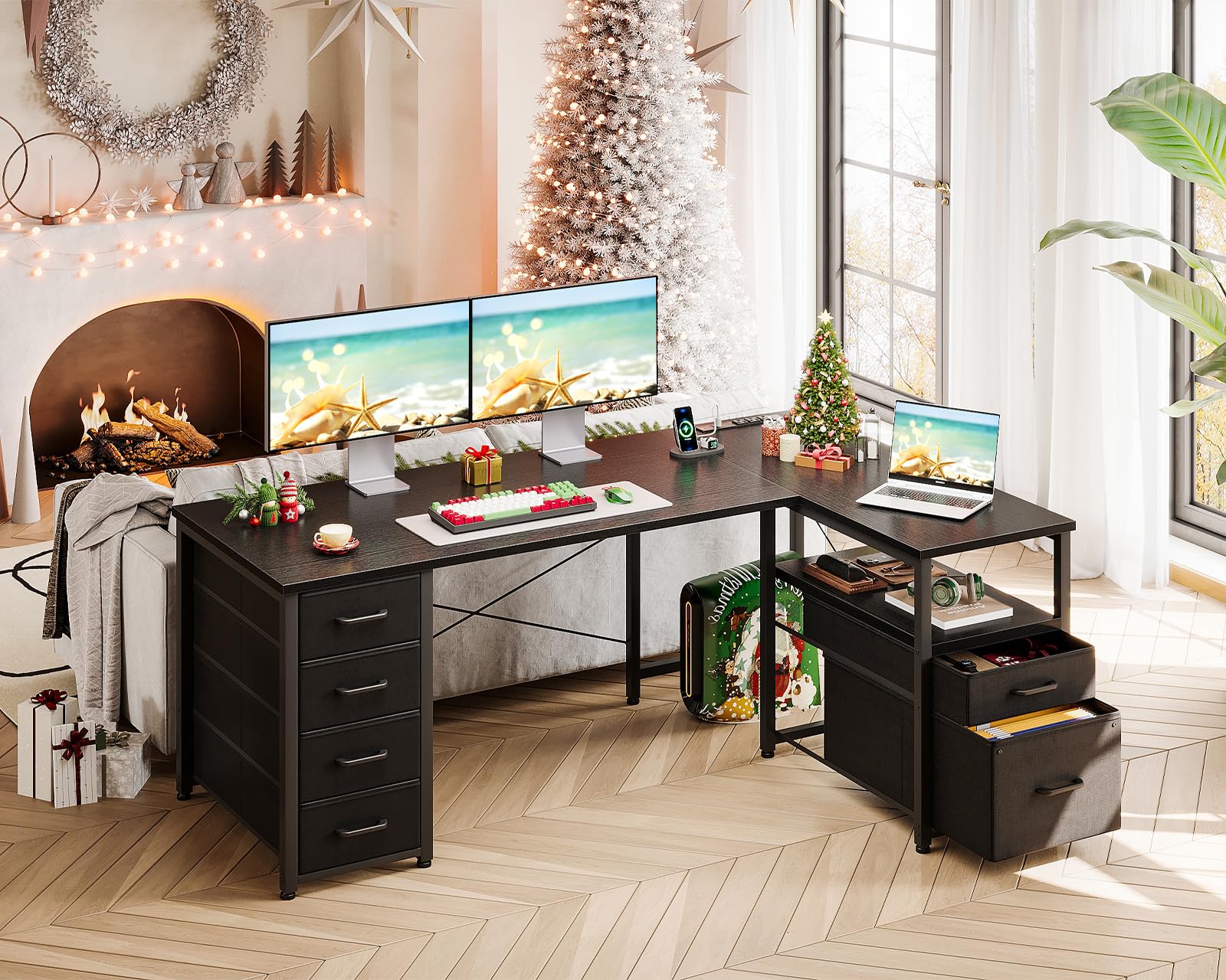 Coleshome L Shaped Computer Desk with 6 Drawers & Power Outlet, Corner Desk with Reversible Storage Shelf & File Drawer, Home Office Desk