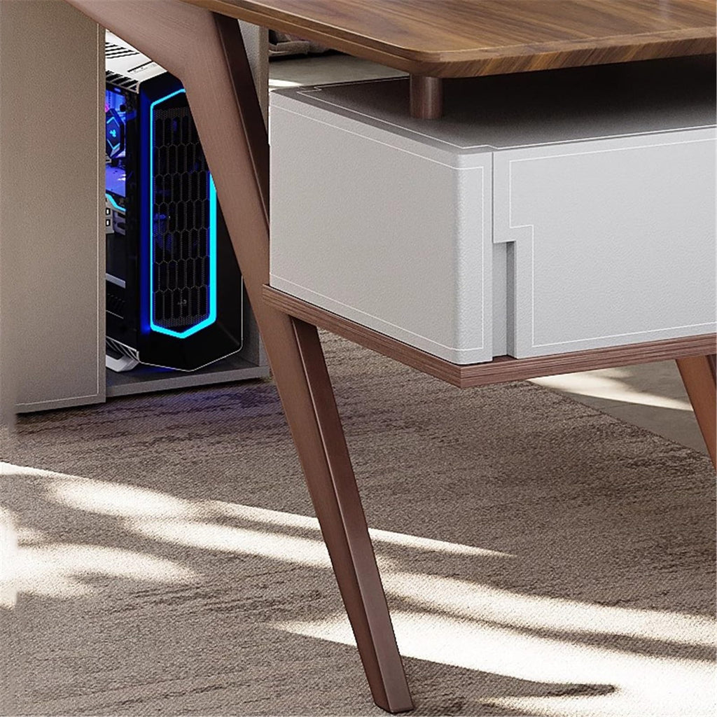 Computer Desk Modern Minimalist Laptop PC Desk with Drawers, Sturdy Home Office Workstation with Storage Cabinet, Walnut Brown Office Desk