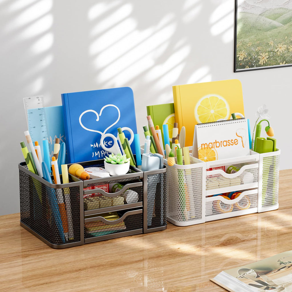 Marbrasse Mesh Pen Holder with 2 Storage Drawers