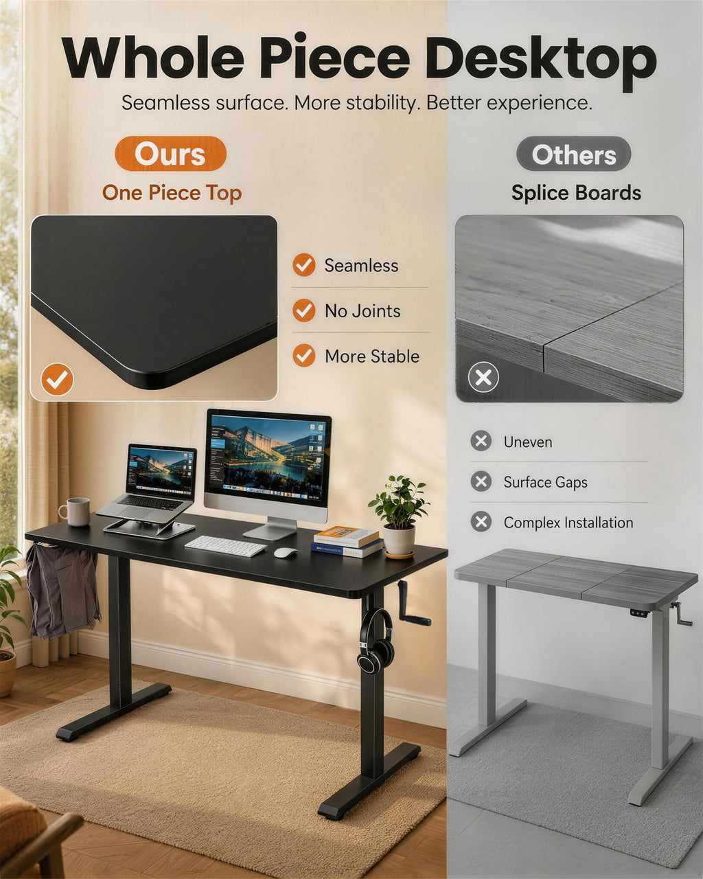 Whole Piece Manual Standing Desk Adjustable Height with Lockable Casters- Hand Crank Stand up Desk with Wheels, Mobile Sit to Stand Workstation with Handle