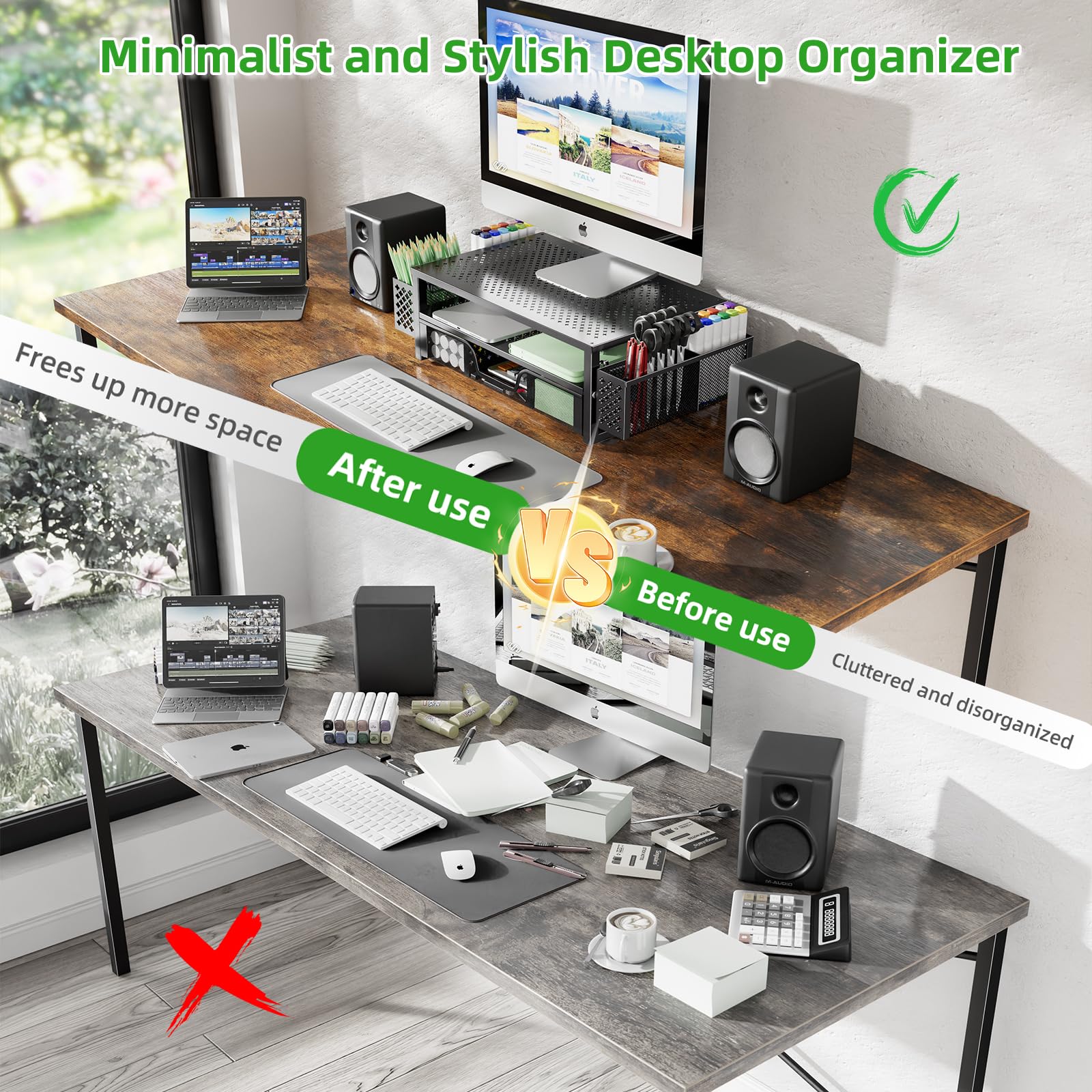 Simple Trending Metal Monitor Stand Riser and Computer Desk Organizer with Drawer for Laptop, Computer, iMac