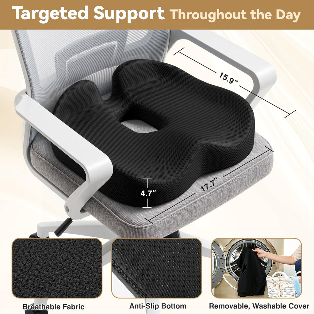 TushGuard Ergonomic Seat Cushion with Coccyx Cutout - 4-Zone Structure Office Chair Cushions for Tailbone Pressure Relief, Non-Slip Chair Pad with Washable Cover for Car, Office, Wheelchair