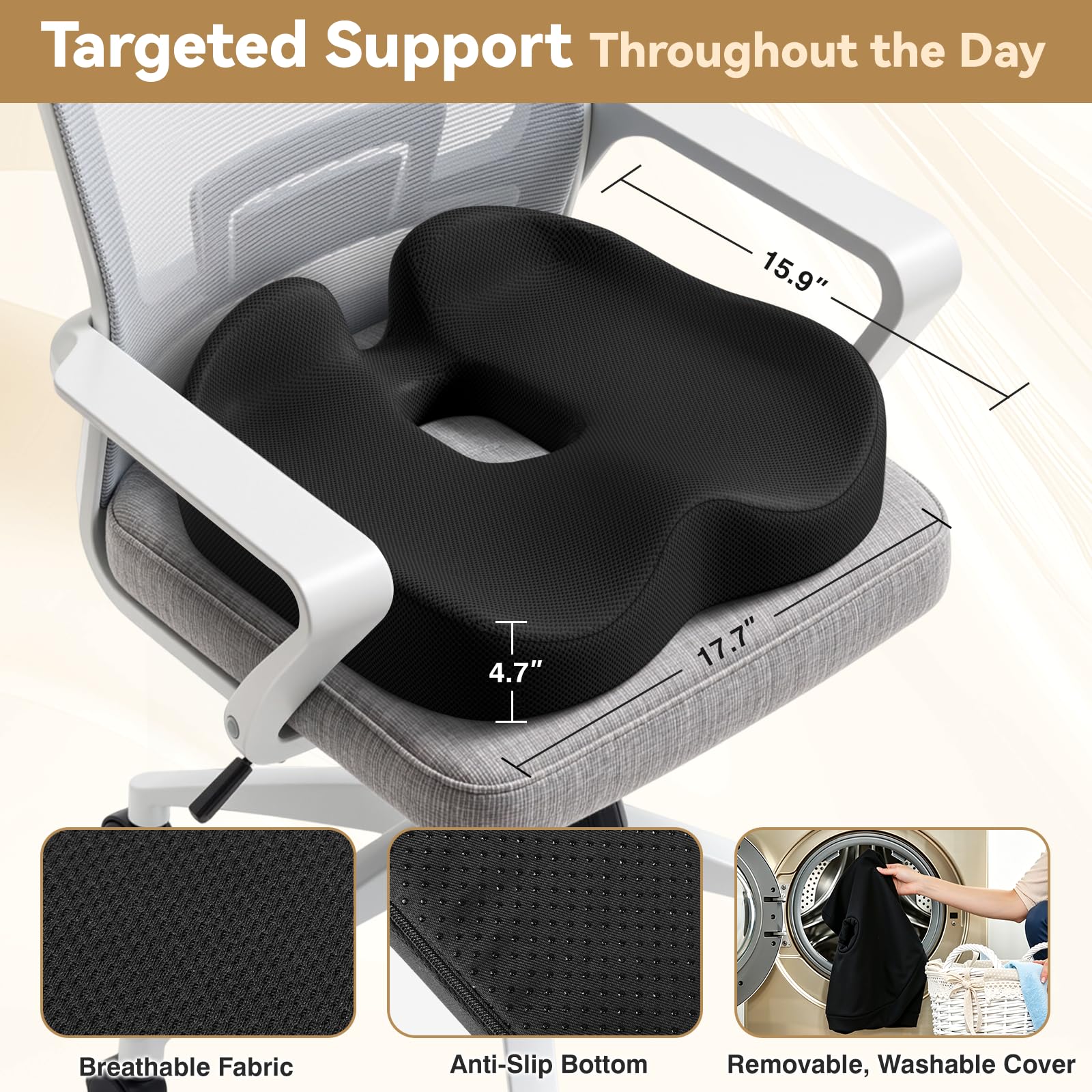 TushGuard Ergonomic Seat Cushion with Coccyx Cutout - 4-Zone Structure Office Chair Cushions for Tailbone Pressure Relief, Non-Slip Chair Pad with Washable Cover for Car, Office, Wheelchair