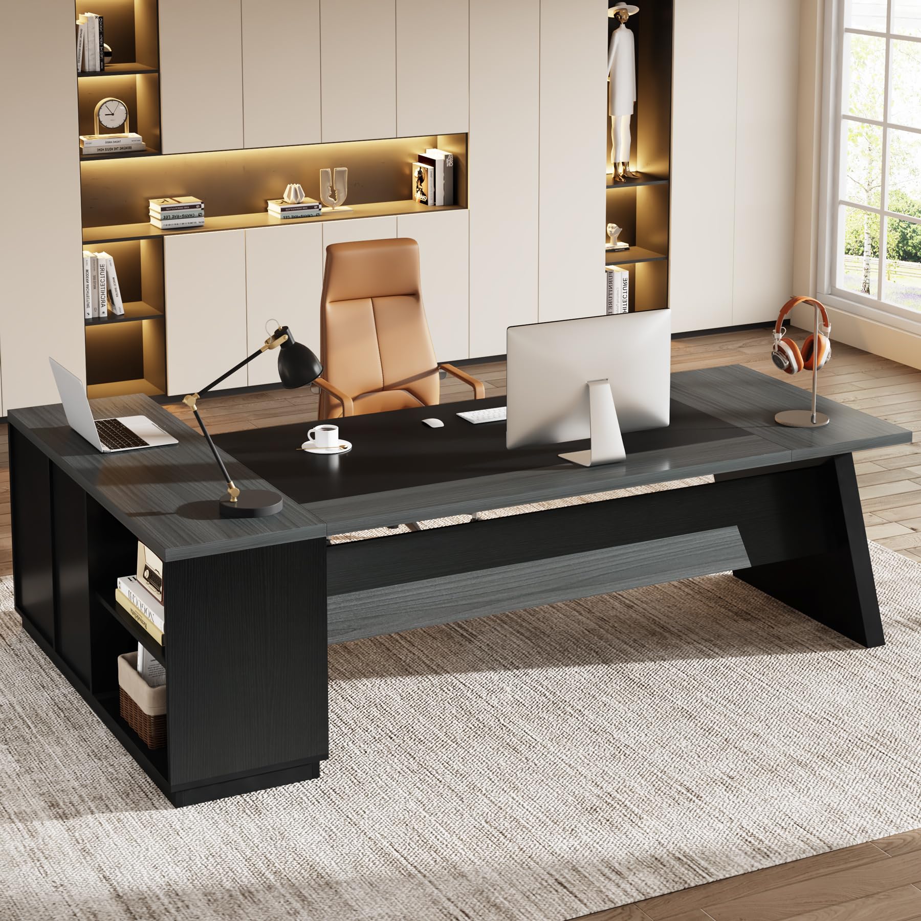 Tribesigns 78" L-Shaped Executive Desk, Large Modern Office Desk with Drawers and Lateral File Cabinet, Business Furniture with Storage Shelves, Big Computer Table for Home Office