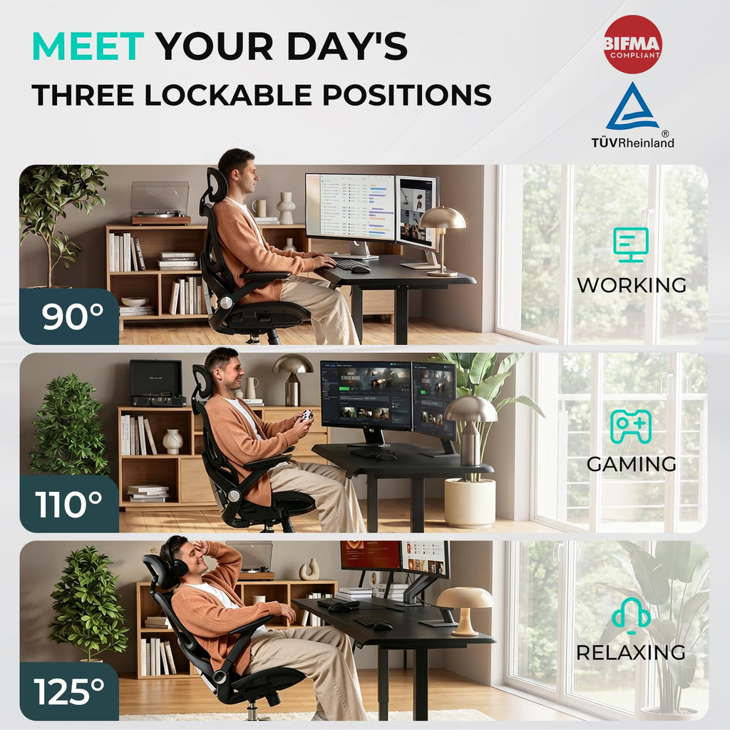 CAPOT Ergonomic Mesh Office Chair, Adjustable Lumbar High Back Desk Chair 400lbs, 4D Flip-up Arms, 3 Tilt Backrest, 3D Headrest, PU Wheels, Swivel Rolling Computer Seating for Long Desk Work