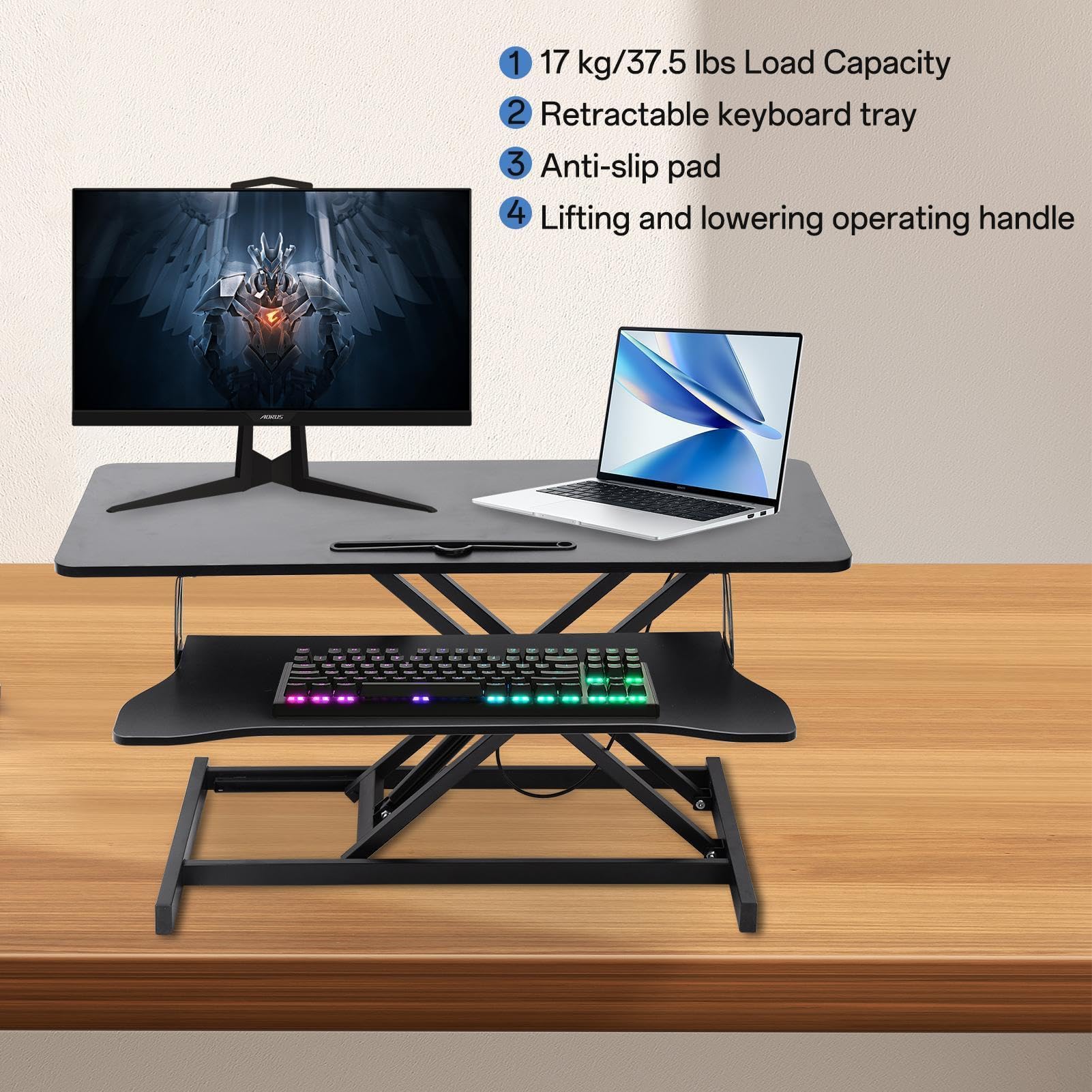 37" Desk Converter, Height Adjustable Stand Up Desk Converter, 2 Monitor Standing, Sit to Stand, Quick Sit to Tabletop, Riser Workstation with Wide Keyboard Tray