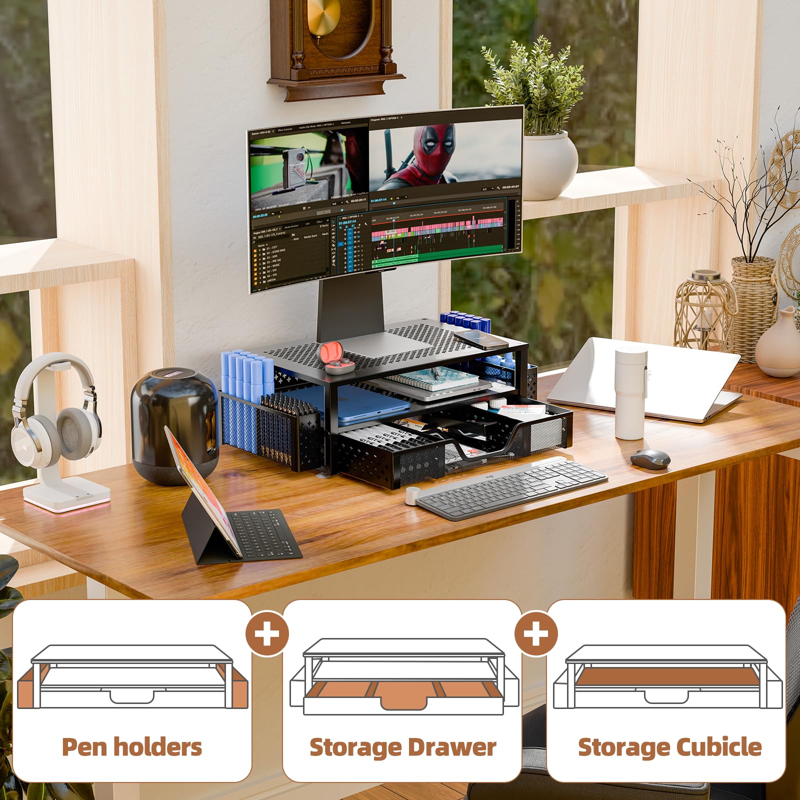 Simple Trending Metal Monitor Stand Riser and Computer Desk Organizer with Drawer for Laptop, Computer, iMac