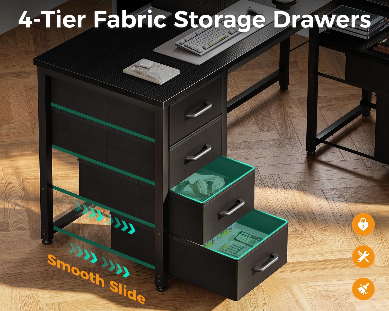 Coleshome L Shaped Computer Desk with 6 Drawers & Power Outlet, Corner Desk with Reversible Storage Shelf & File Drawer, Home Office Desk