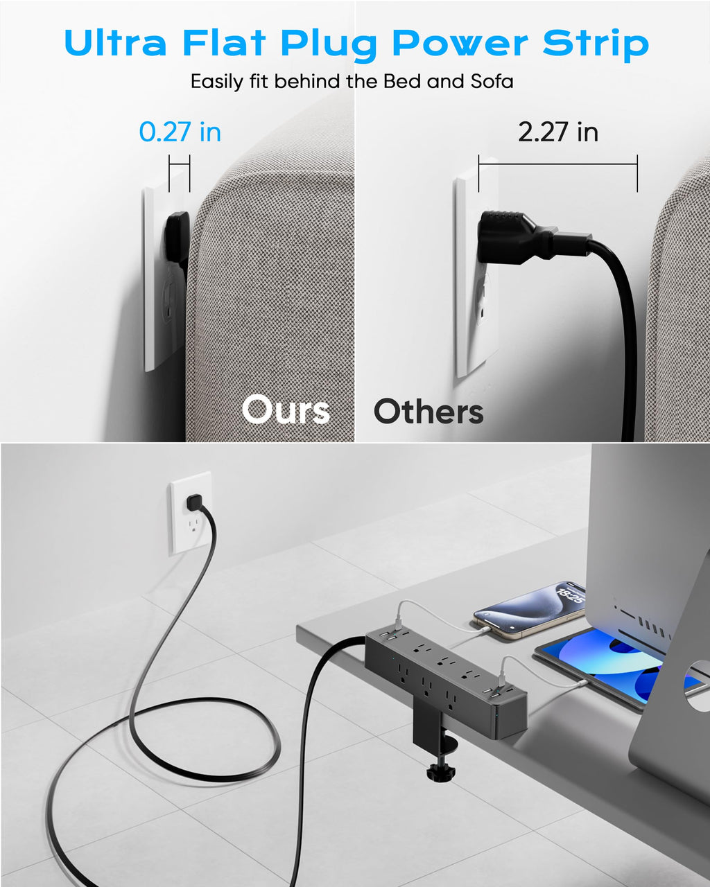 ACOZVIN Desk Clamp Power Strip with 40W USB Charging