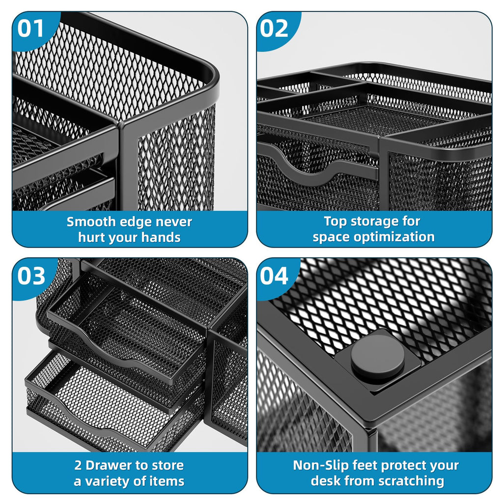 Marbrasse Mesh Pen Holder with 2 Storage Drawers