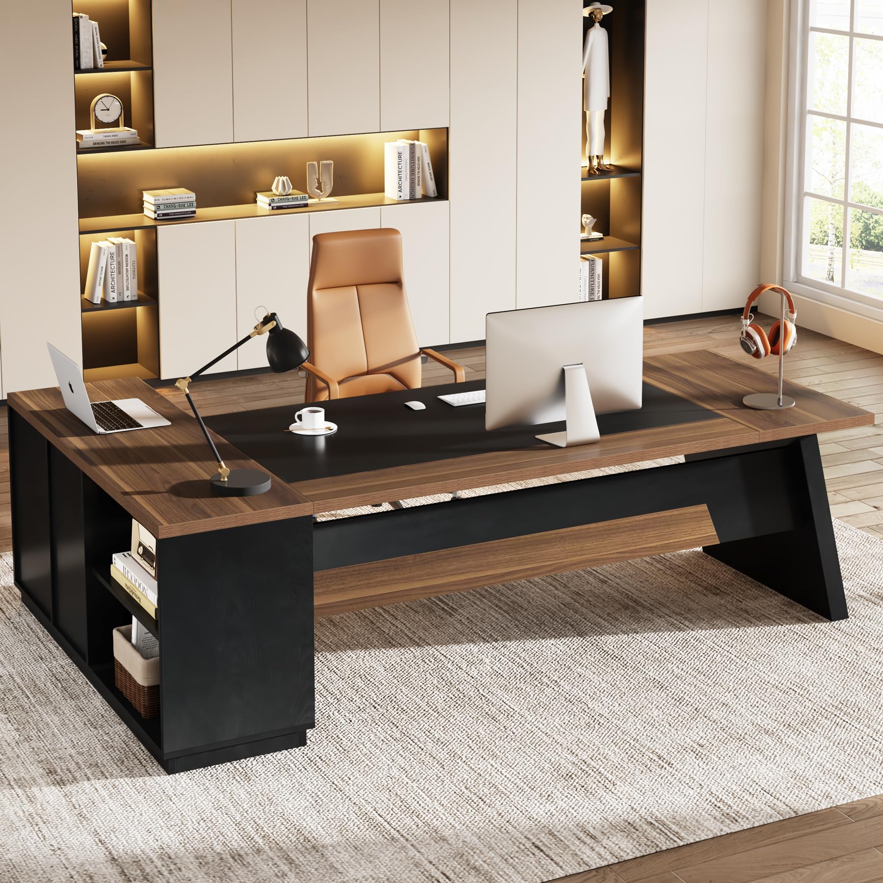 Tribesigns 78" L-Shaped Executive Desk, Large Modern Office Desk with Drawers and Lateral File Cabinet, Business Furniture with Storage Shelves, Big Computer Table for Home Office
