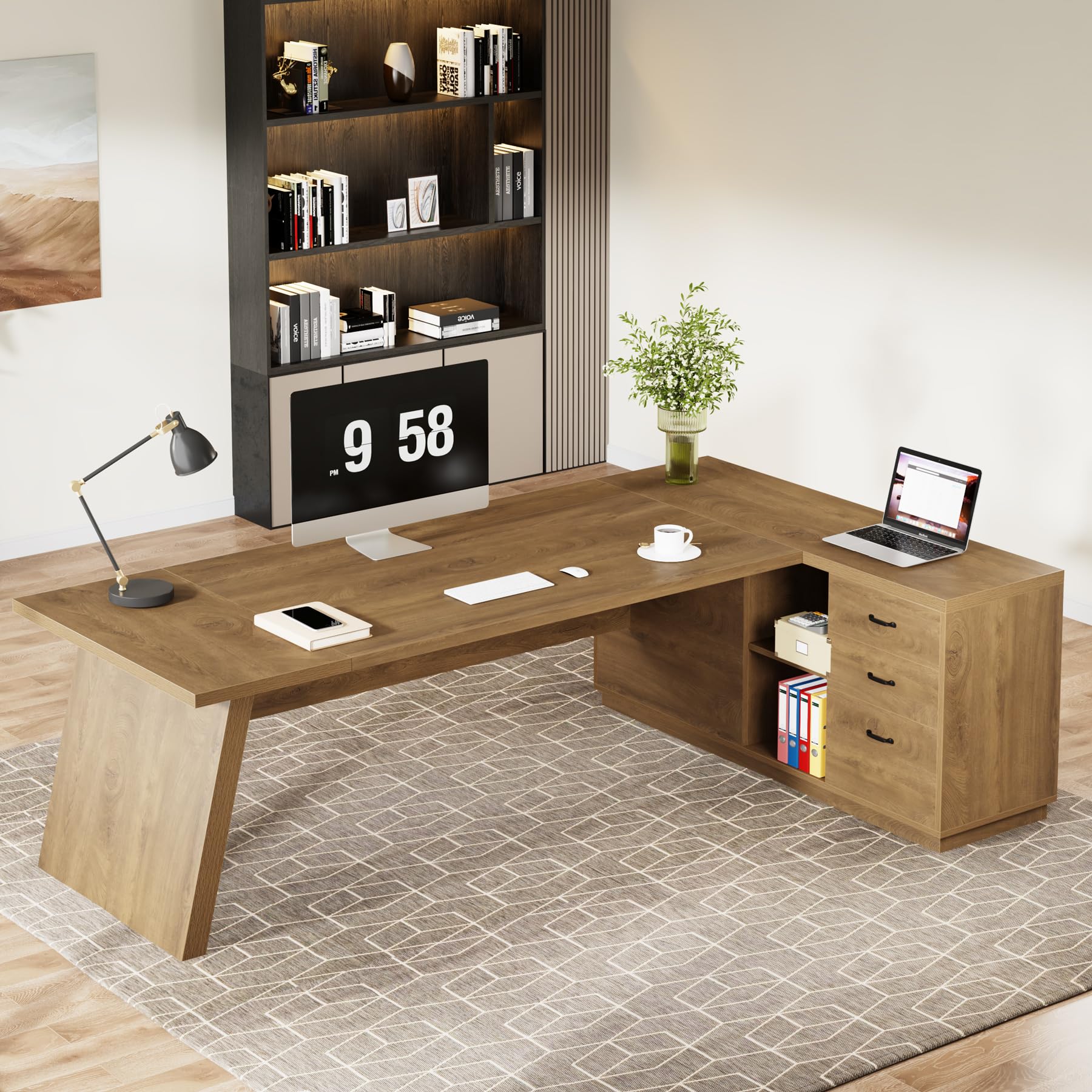 Tribesigns 78" L-Shaped Executive Desk, Large Modern Office Desk with Drawers and Lateral File Cabinet, Business Furniture with Storage Shelves, Big Computer Table for Home Office