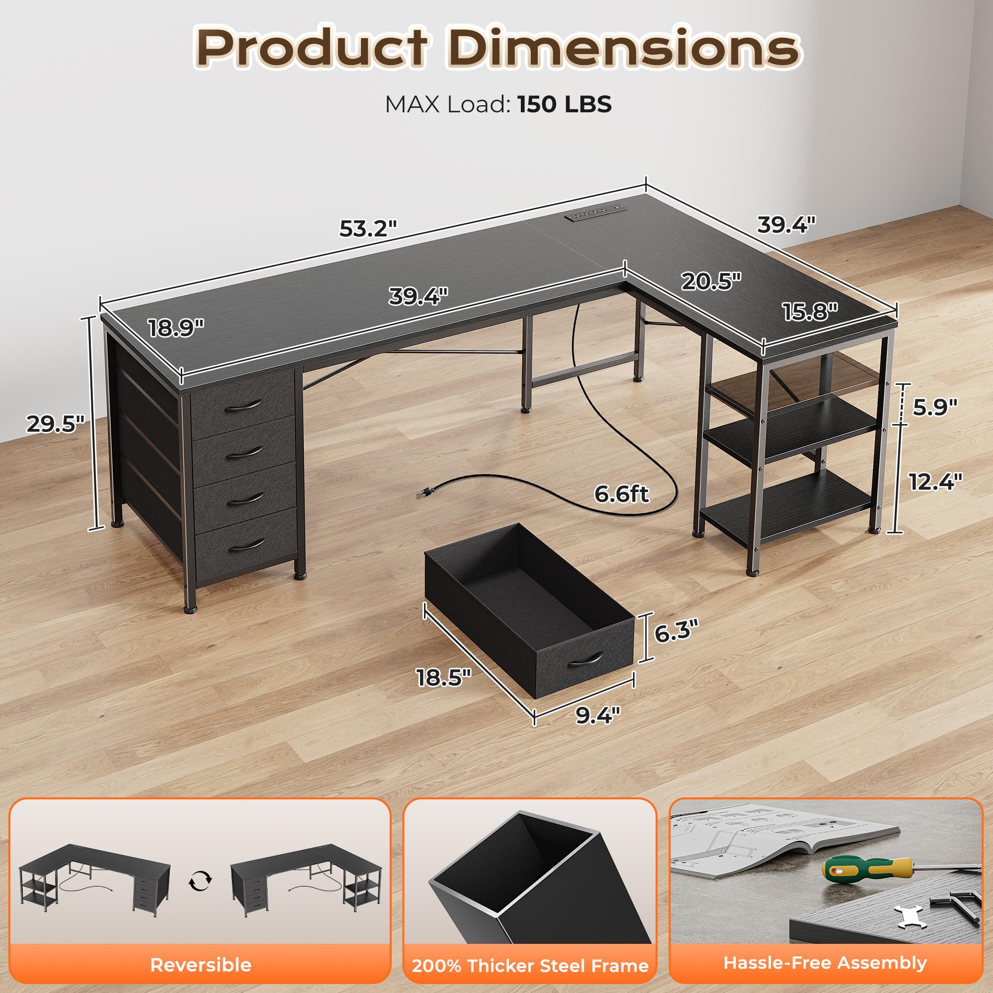 Huuger L Shaped Desk with Drawers, Reversible Computer Desk with Power Outlets and USB-C Port, Adjustable Side Storage Shelves