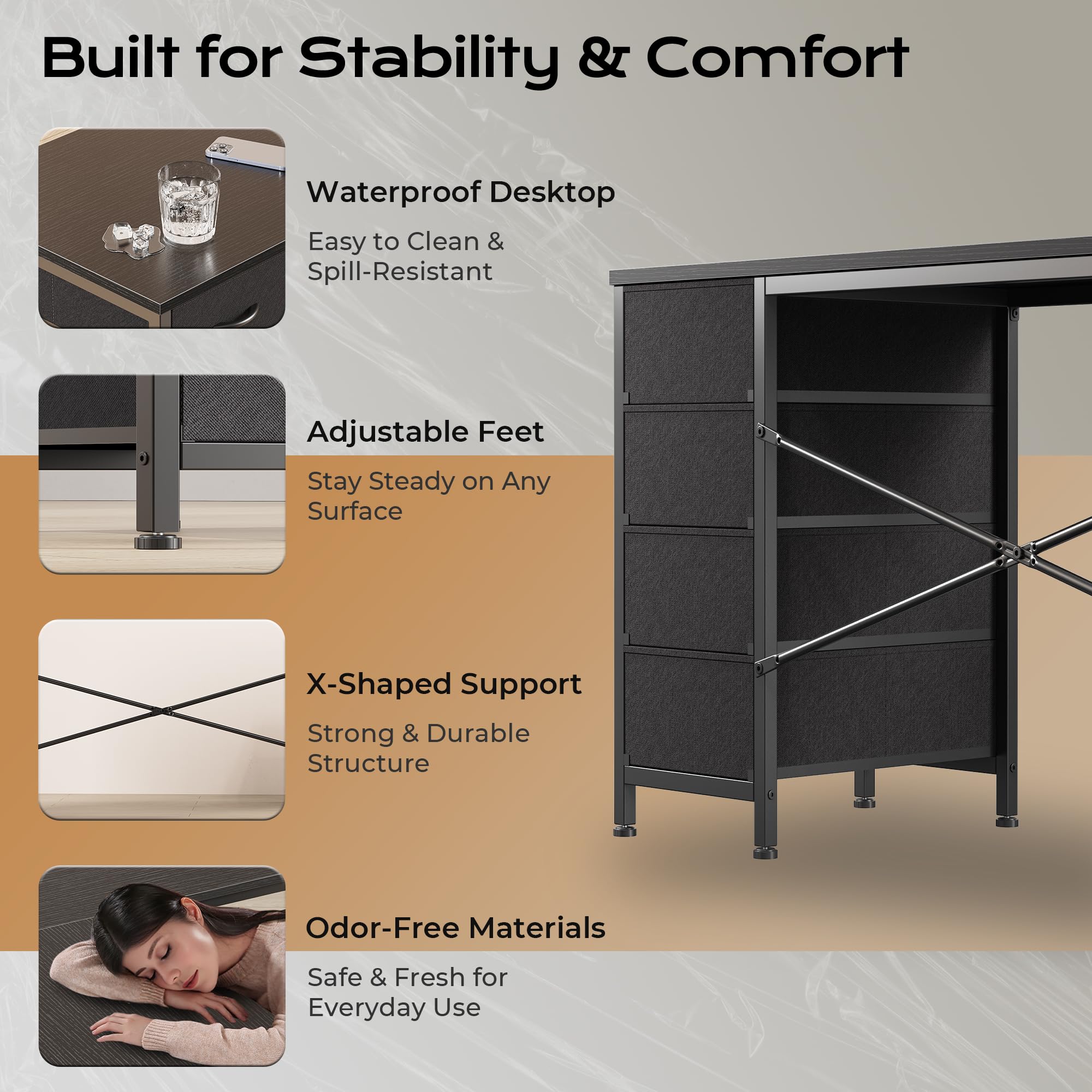 Huuger L Shaped Desk with Drawers, Reversible Computer Desk with Power Outlets and USB-C Port, Adjustable Side Storage Shelves