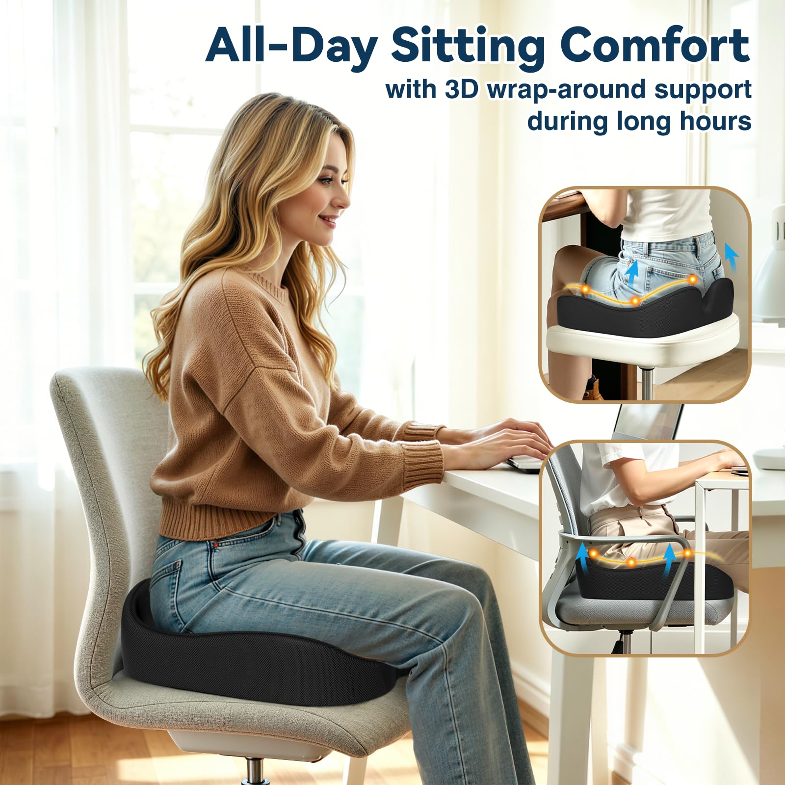 TushGuard Ergonomic Seat Cushion with Coccyx Cutout - 4-Zone Structure Office Chair Cushions for Tailbone Pressure Relief, Non-Slip Chair Pad with Washable Cover for Car, Office, Wheelchair