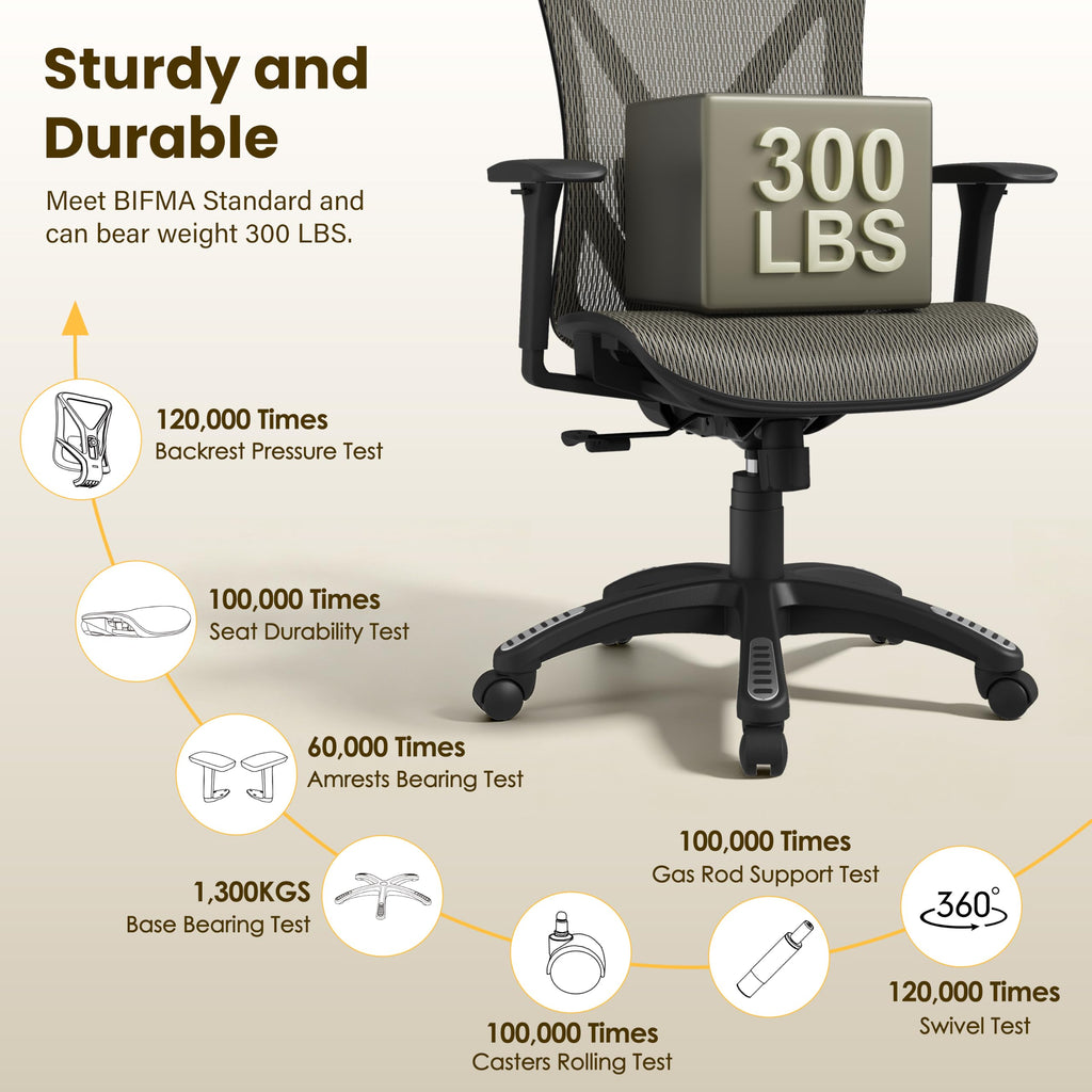 Ergonomic Office Chair, Mesh Computer Desk Chairs with BIFMA X5.1 Certified, Adjustable Lumbar Support, 3D Arm, Tilt Back, Wide Seat, Comfy Swivel Work Task Chair for Company and Home
