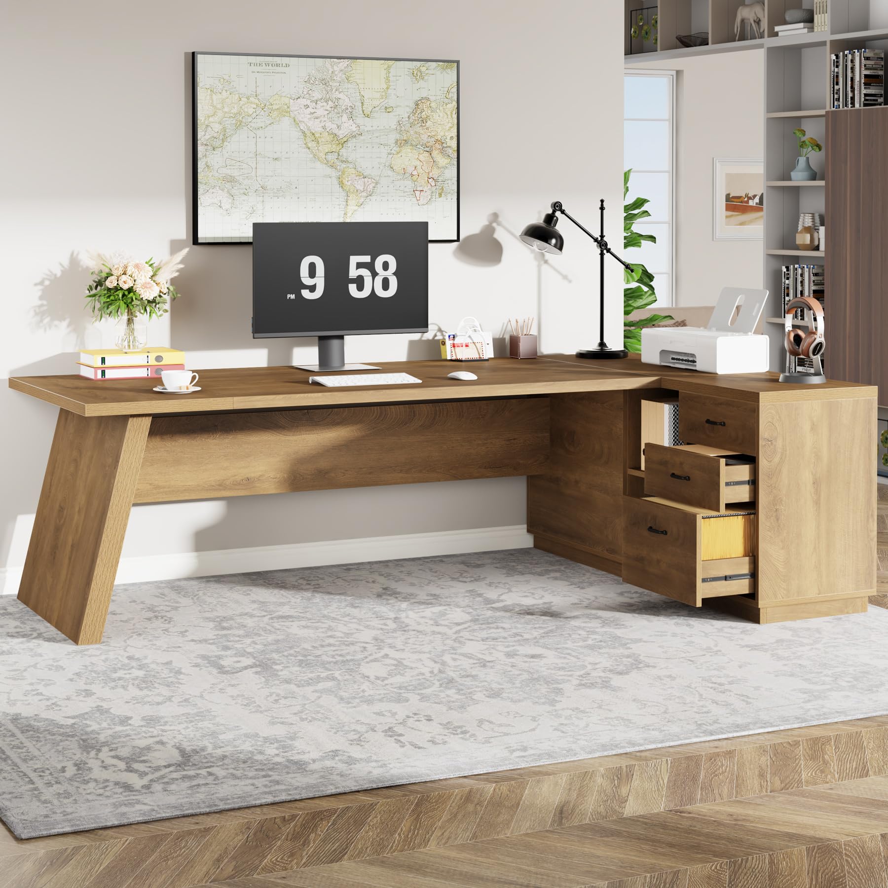 Tribesigns 78" L-Shaped Executive Desk, Large Modern Office Desk with Drawers and Lateral File Cabinet, Business Furniture with Storage Shelves, Big Computer Table for Home Office